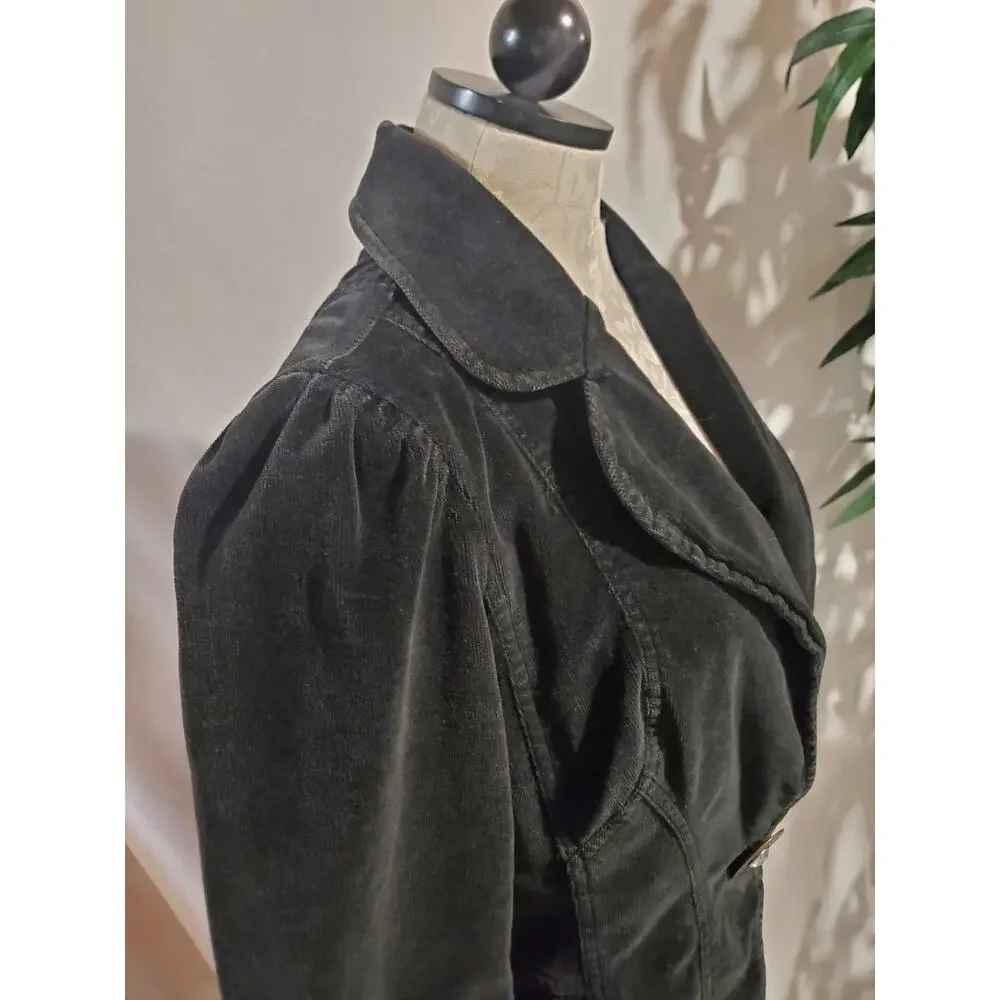 Vtg Y2K Bisou Bisou Fine Wale Corduroy Raw Hem Long Trench Jacket L Black Goth - Picture 5 of 11